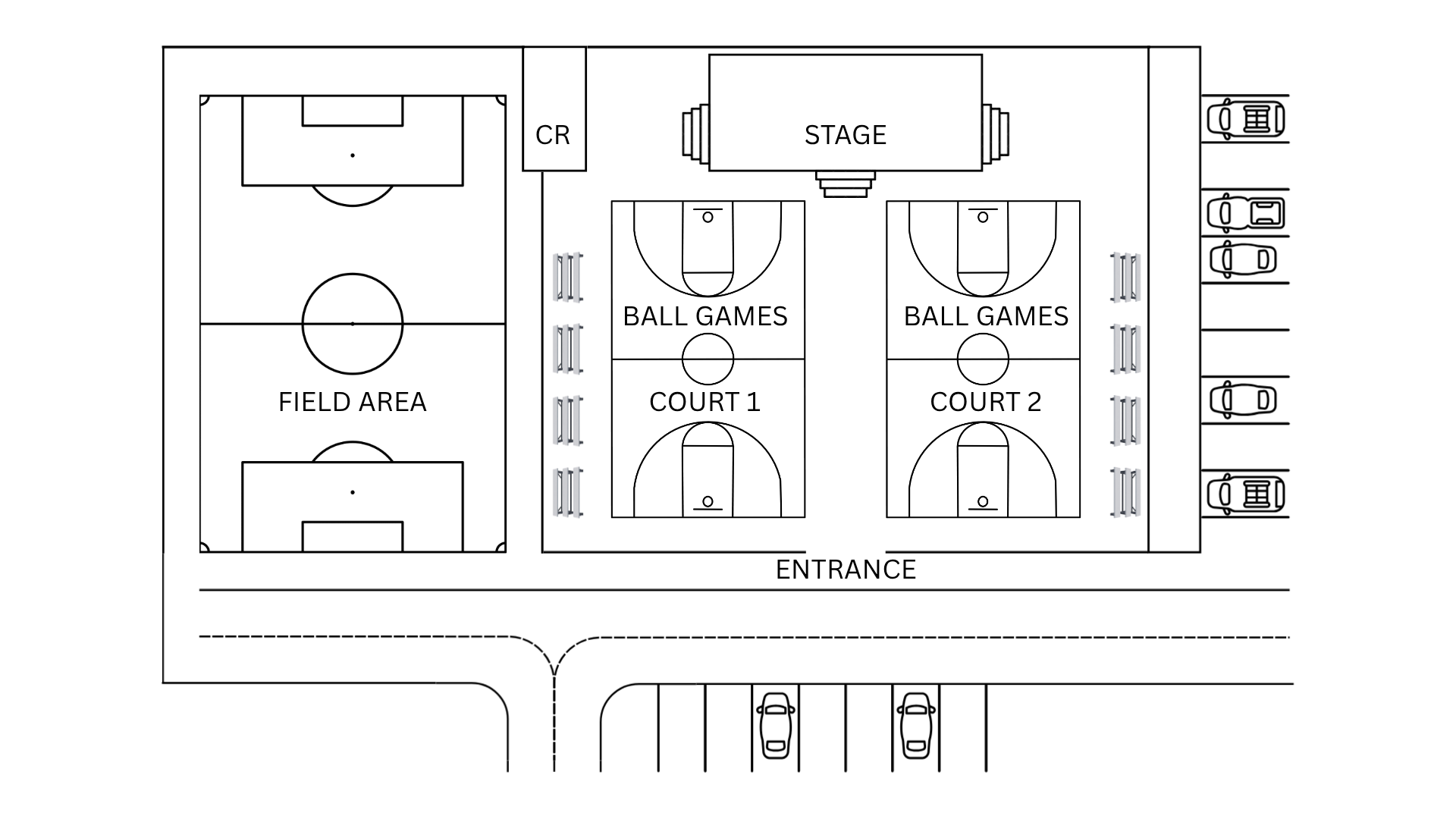IAU Sports Arena floor plan: football field area on the left, a comfort room, the stage, two ball games courts with bleachers, parking on the right, and the entrance below.